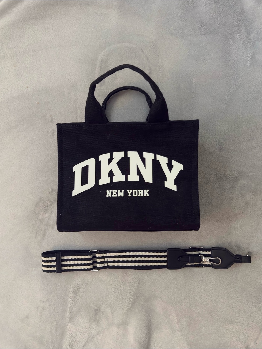 DKNY Black Canvas Mini Messenger Tote with Striped Removable Strap